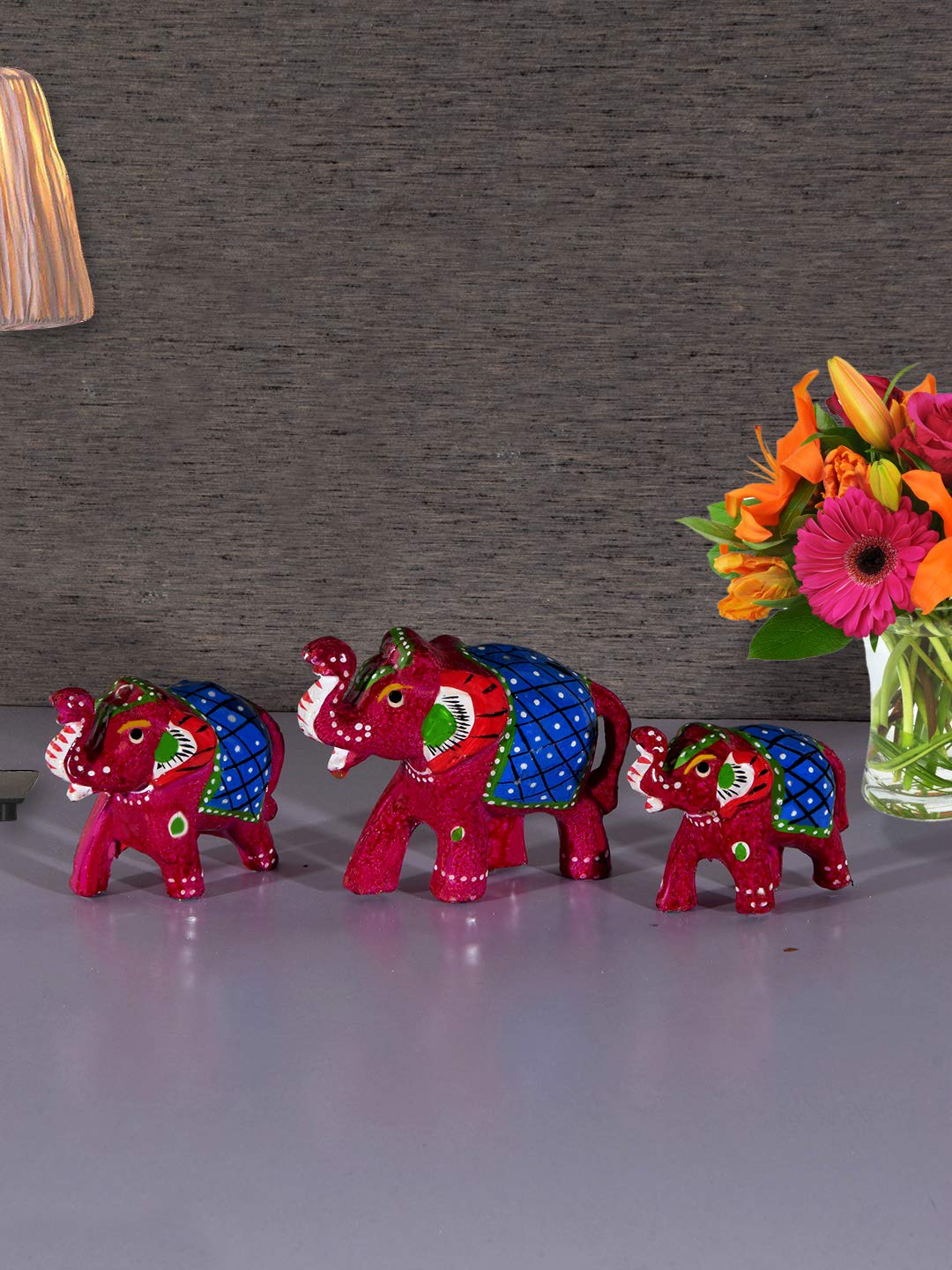 DreamKraft Paper Mache Elephant Showpiece (Set of 3,Pink)
