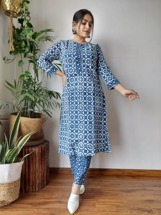 Cotton Kurti and Pant Block Print L | Handmade block print | Cotton Kurti| Festive Wear | Blue