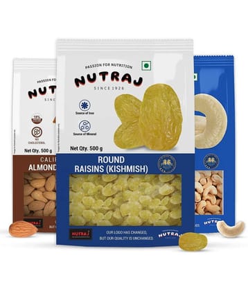 Nutraj Dry Fruit Combo Pack California Almonds 500g, Cashew 500g, Round Raisins 500g