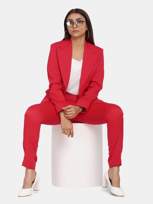Single Button Blazer for Women- Red-S