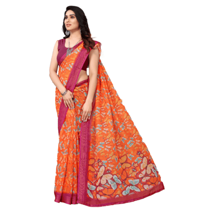 TheHangr Women's Orange Saree With Multicolor Butterfly Print With Pink Border And Running Pallu