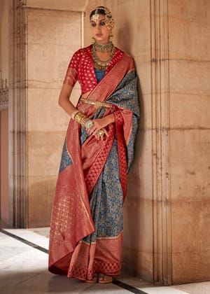 Antique Blue And Red Woven Banarasi Brocade Silk Saree