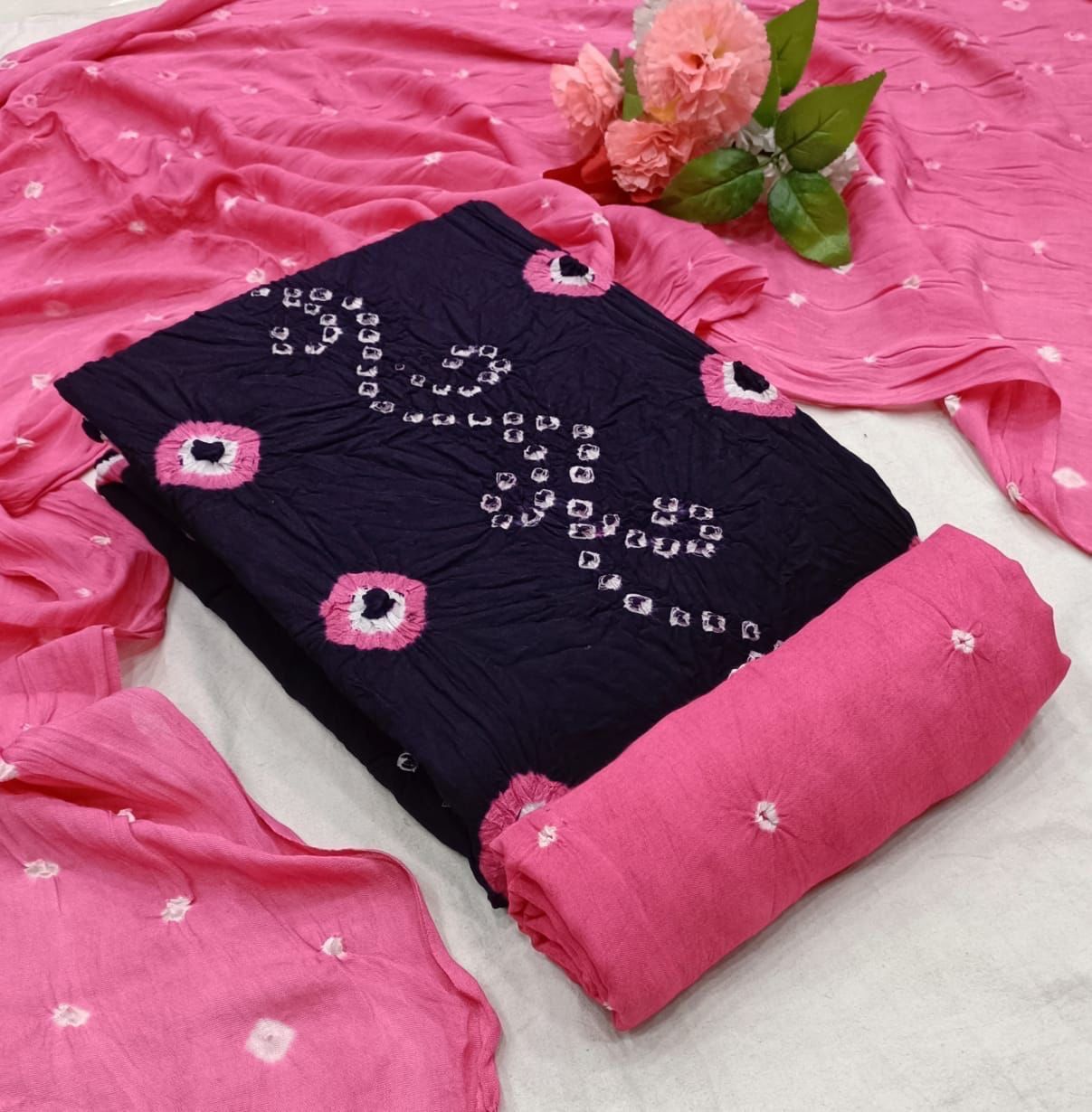 Dual Contrast Multi Gulti Bandhani Material (Unstitched)-Purple-Pink