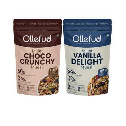 Ollefud Millet Muesli Combo | Vanilla Delight 400g + Choco Crunchy 350g | With Fruits, Nuts & Seeds | Healthy Breakfast Cereal | Pack of 2 | 750g