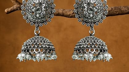 Bilasita Navaratri Collection Flower Jhumka Earrings | Oxidised Silver Finish with Pearl Accents | Ethnic Party Wear