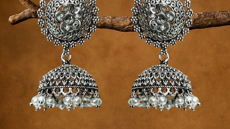 Bilasita Navaratri Collection Flower Jhumka Earrings | Oxidised Silver Finish with Pearl Accents | Ethnic Party Wear
