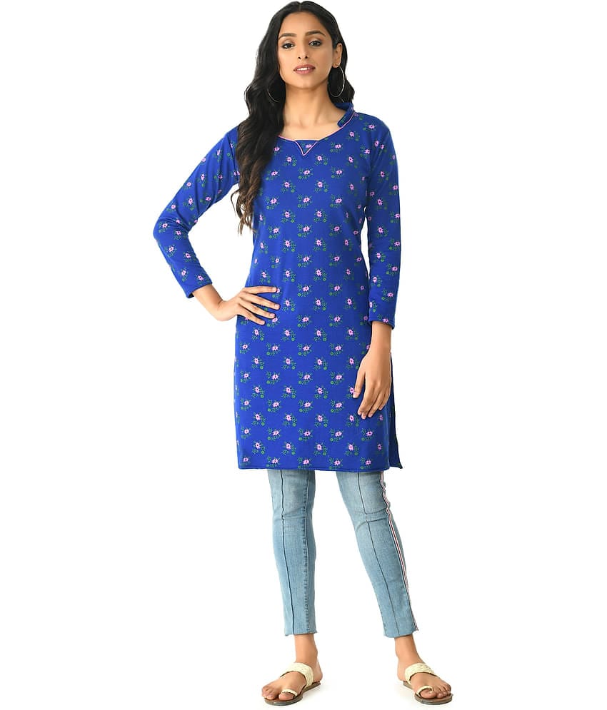 IndiWeaves Woollen Printed Straight Women's Kurti - Blue ( Pack of 1 )