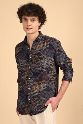 ILYZLY Navy Blue Print Full-Sleeve Shirt-S