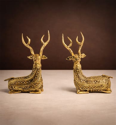 Handcrafted Brass Sitting Deer (Hiran) Showpiece – Small | Tribal Bhareva Craft Set of 2