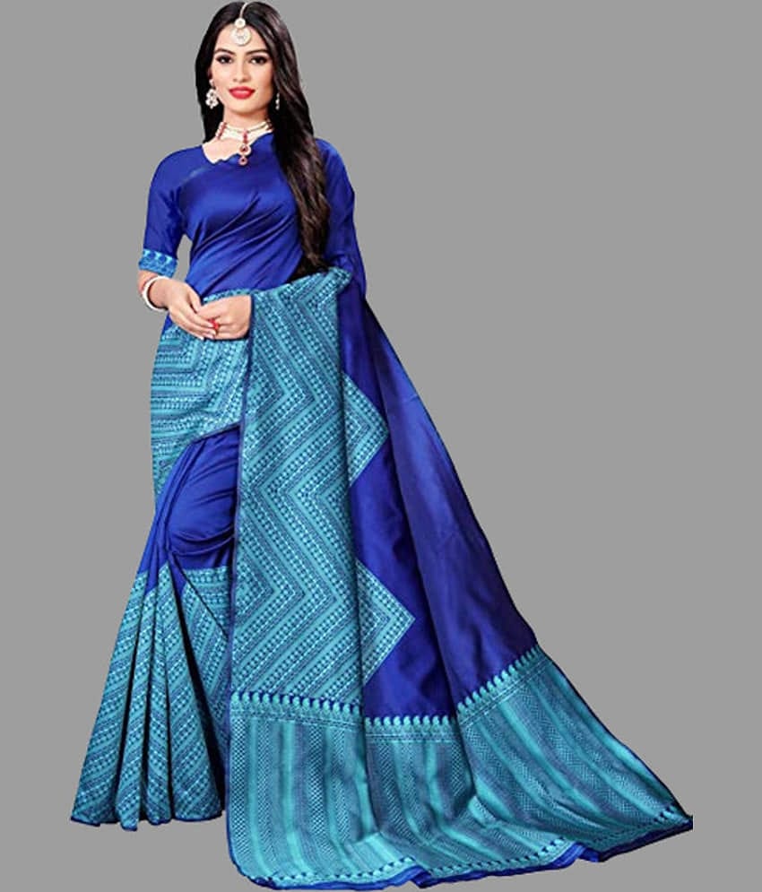 Sanjana Silk Silk Blend Printed Saree With Unstitched Blouse Piece ( Blue )