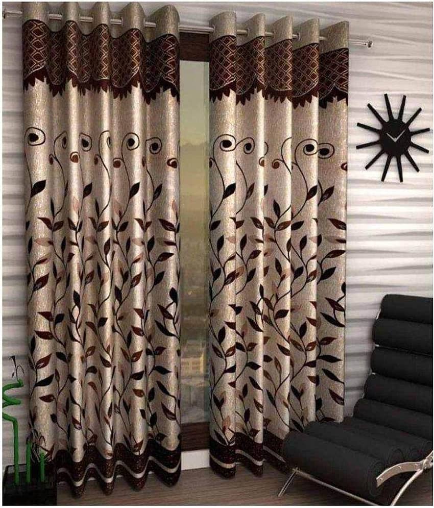 Panipat Textile Hub Floral Semi-Transparent Eyelet Door Curtain 7 ft Pack of 2 -Beige