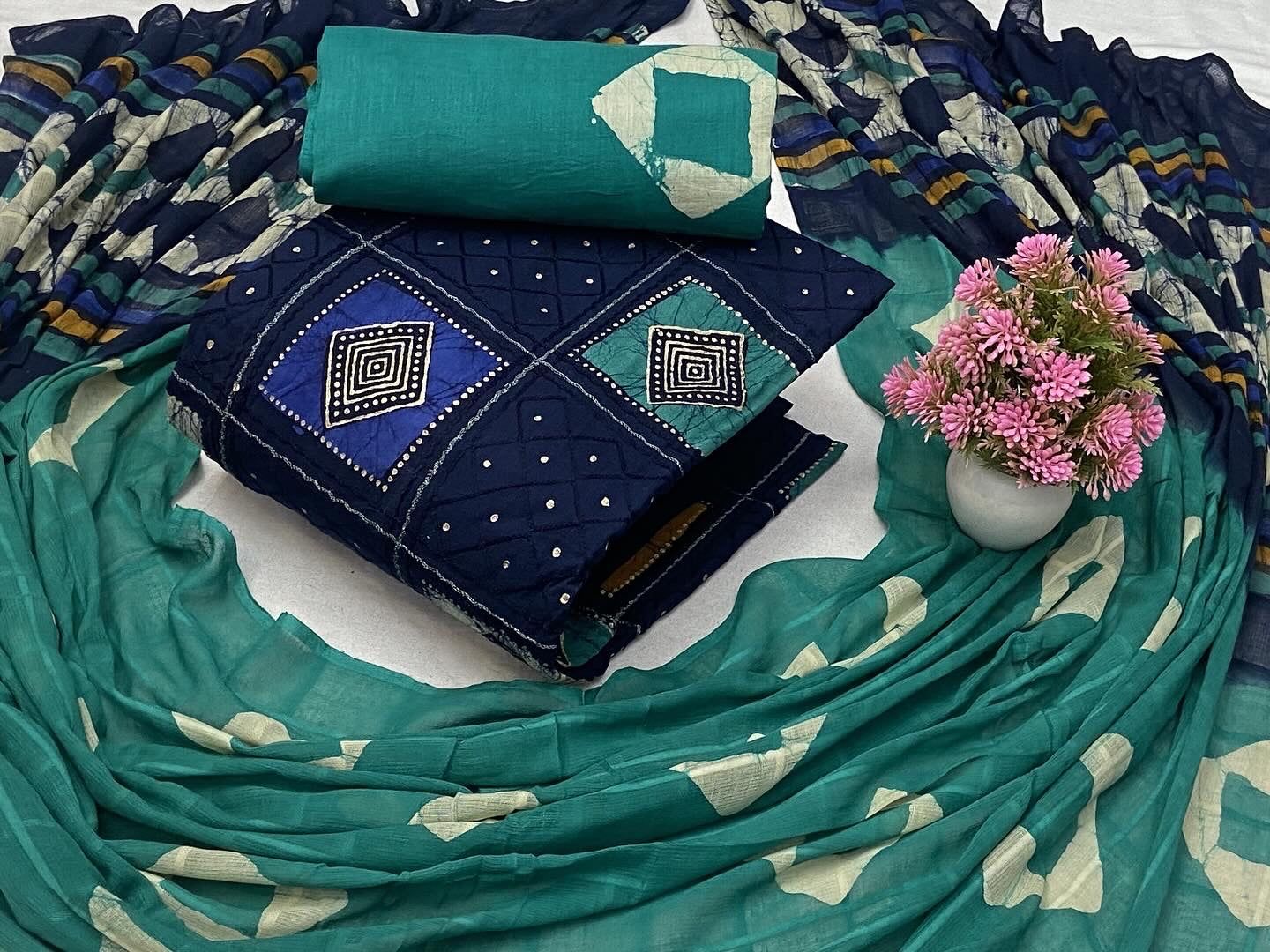 Soft Cotton Printed with Mirror work Dress Material ( Unstitched)-Blue