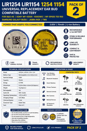 NOVEL LIR1254 LIR1154 3.85V Rechargeable Li-Ion Battery Pack of 2 | Compatible with B&O H5, Sony WF-1000X, Samsung Galaxy Buds, Jabra Rox and Wireless Audio Devices