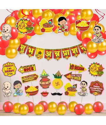 Zyozi Annaprasanam Swirls Hanging with Annaprasanam Bunting Banner Hindi Font Shubh Annaprashan and Balloon,Photo Booth Props,Rice Ceremony Decorations Items (Pack of 50)