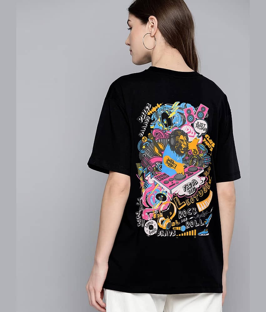 Leotude Women Cotton Blend Printed Oversized Fit Round Neck T-Shirt ( Black )