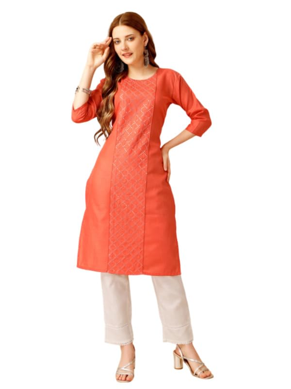 Women's Casual 3-4 th Sleeve Embroidery Cotton Kurti Pant Set (Orange, M)-PID50213