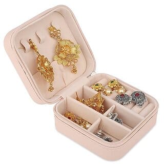 Jewellery Organizer Mini PU Leather Zipper Portable Storage Box Case with Dividers Container for Rings, Earrings, Neckla