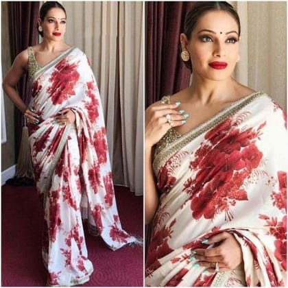 Off White Flowered Color Party wear Linen Digital Printed Sari 1262