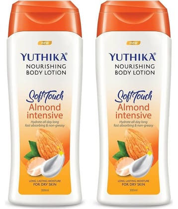 Yuthika Almond Body Lotion for Dry Skin 300ml Pack of 2, Non-Greasy Fast Absorbing & Long Lasting Nourishing Body Lotion