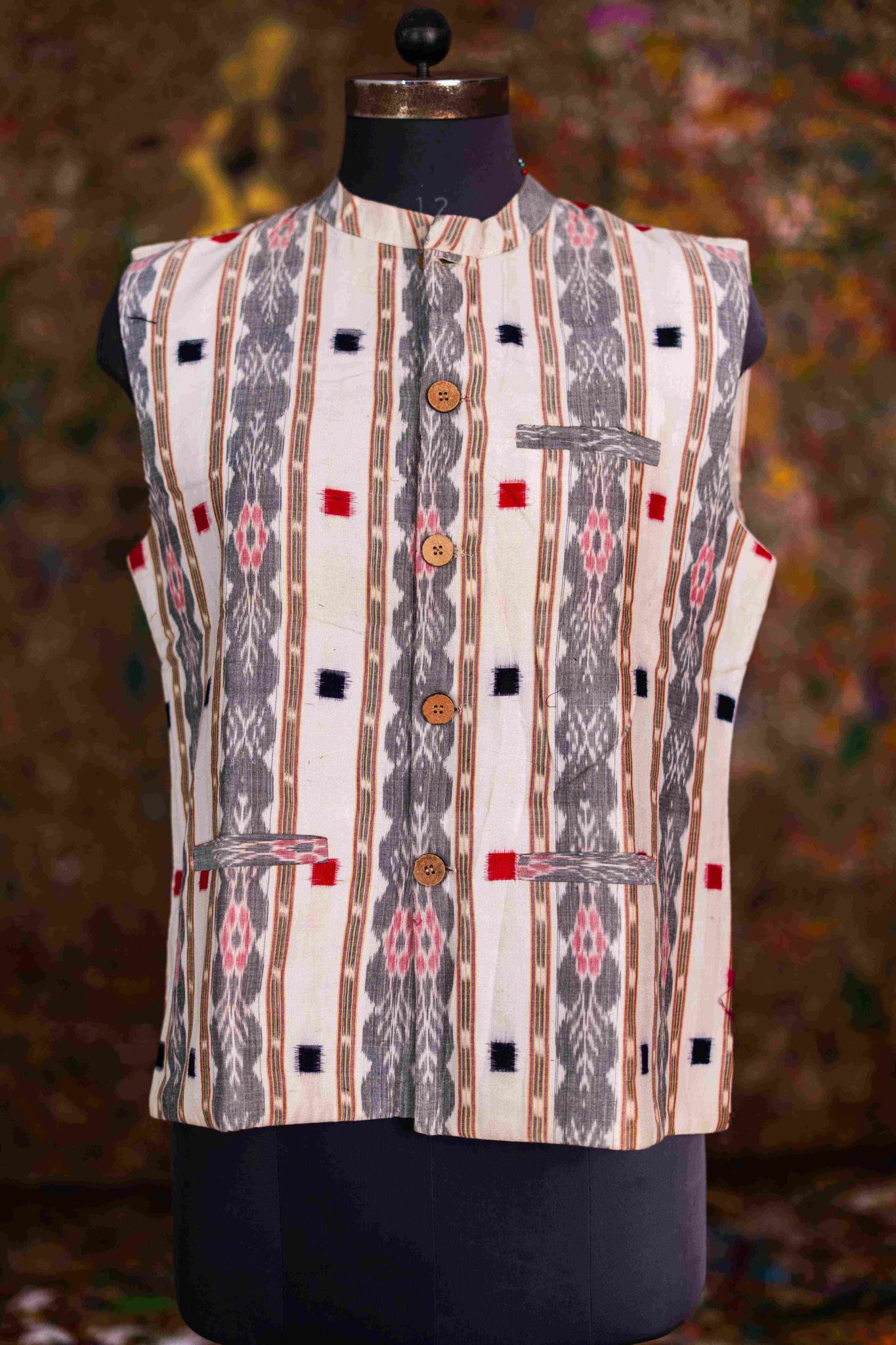 Title: The Possa Palli Elegance: Handwoven Sambalpuri Ikat Nehru Jacket in White