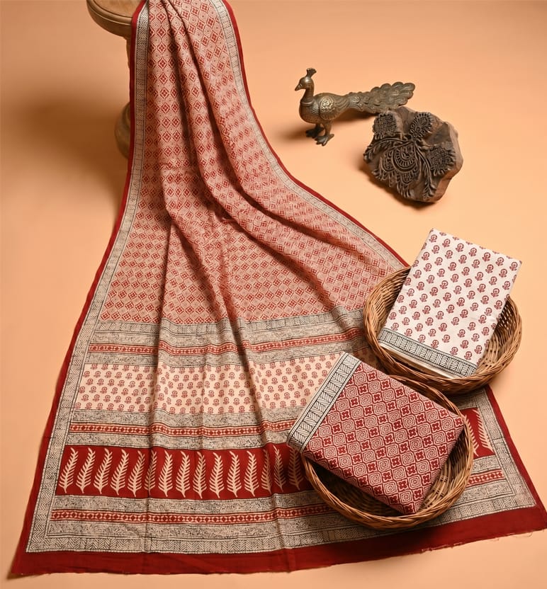 Handcrafted Bagh Print Cotton 3 Piece Suit Set 