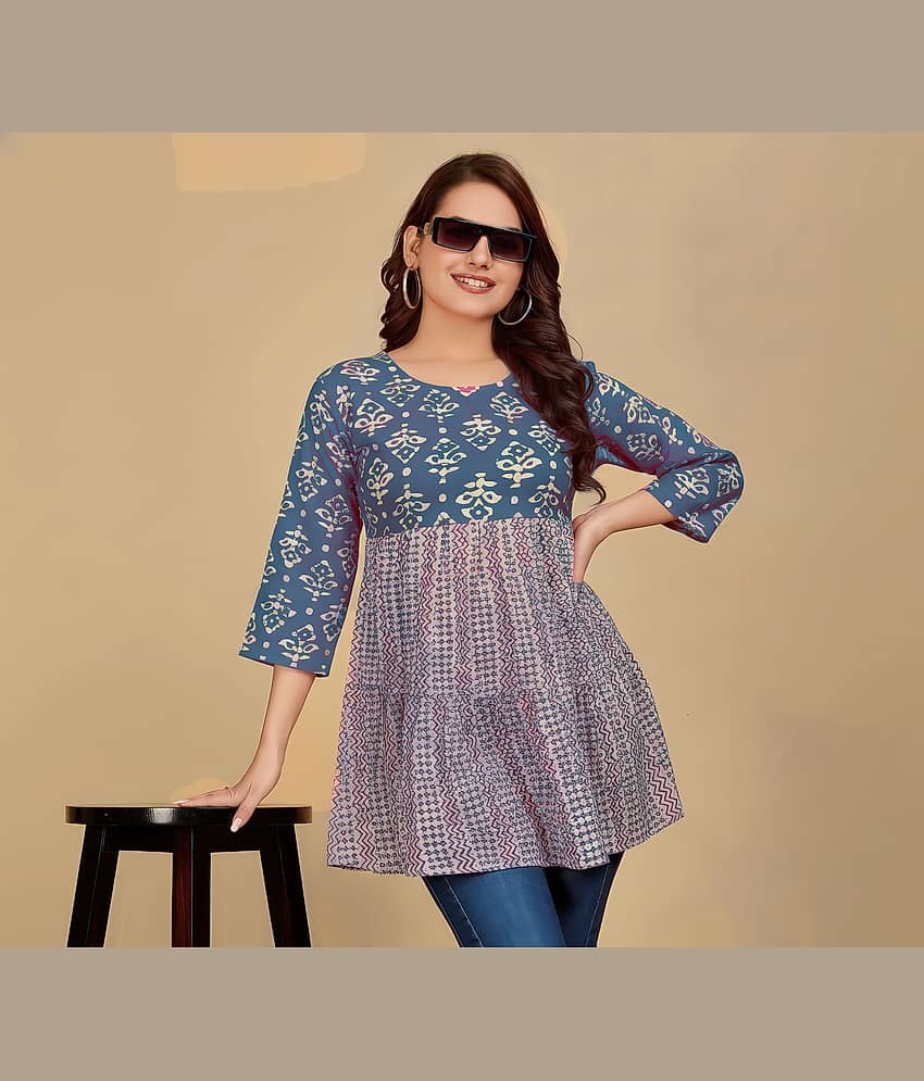 anushansa Women Cotton Blend Printed Tiered Flared Kurti ( Blue )