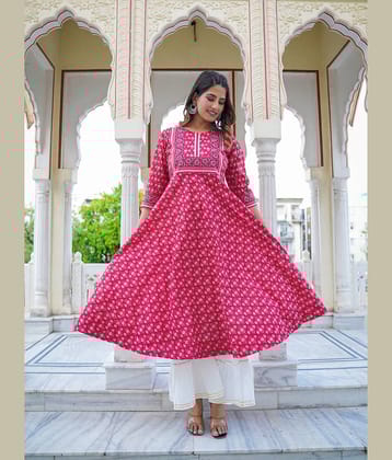 Yash Gallery Rayon Printed Anarkali Women's Kurti - Red ( Pack of 1 )