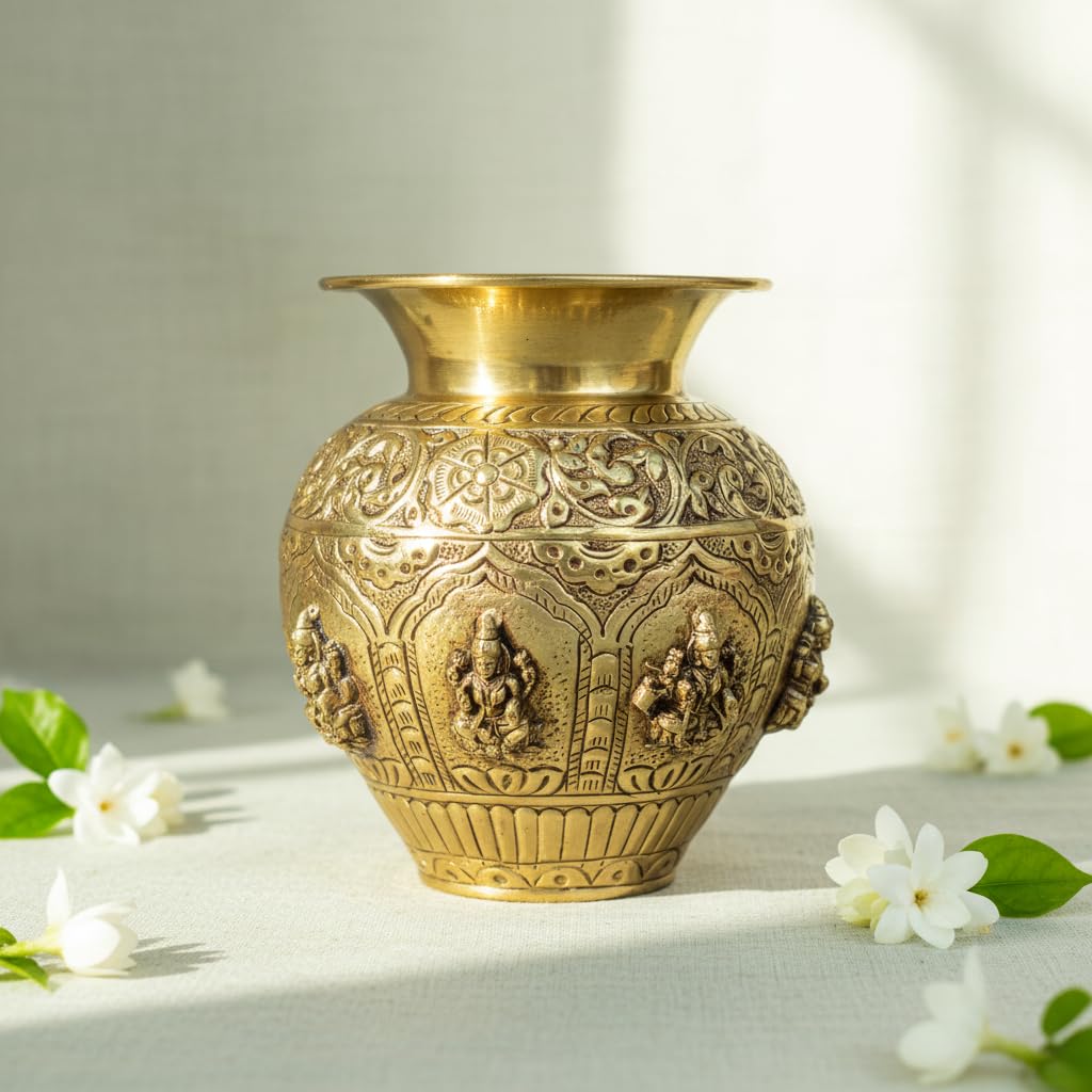 Sukh Sehaj Ashtalakshmi Kalash, Brass, Handcrafted, Antique Yellow Finish, Pooja Vessel for Home Decor, Pooja Ritual and Gifting (5.8 Inch)