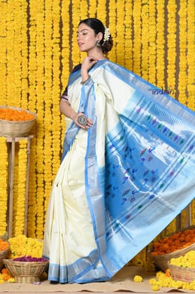 Rajsi~ Handloom Pure Silk Silver Zari Paithani Saree WIth Handcrafted Traditional Double Pallu in White and Blue
