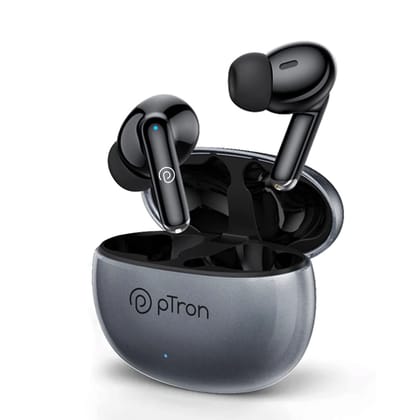 pTron Bassbuds Eon in-Ear TWS Earbuds w/Dual HD Mic & AI-ENC Calls, Pristine Sound, 30Hrs Playtime, Bluetooth v5.3 Wireless Earphones, Snug-fit, Type-C Fast Charge, Voice Assist, IPX4 (Grey & Black)