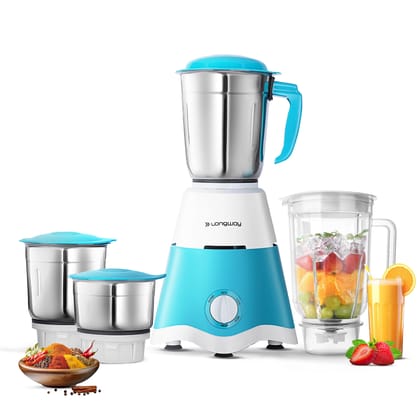 Longway Super Dlx Juicer Mixer Grinder | Up to 750W Max Output Powerful Motor | 4 Jars for Grinding, Mixing, Juicing | 2 Year Warranty | Blue & White Longway Super Dlx Juicer Mixer Grinder | Up to 750W Max Output Powerful Motor | 4 Jars for Grinding, Mix