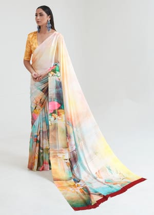 Aqua Yellow Satin Crepe Print Saga Saree