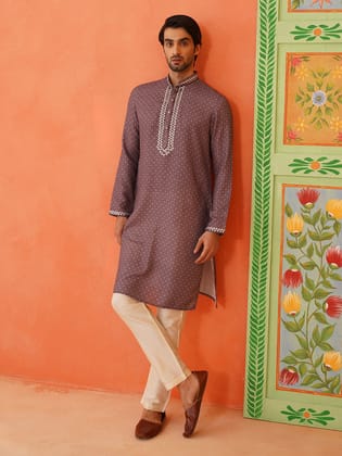 Earthy Purple Printed Kurta Set with Abla Embroidery-XS/36 / Kurta Churidaar Set