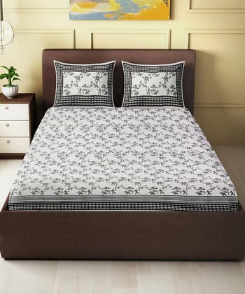 White black hand block printed king size cotton double bedsheet