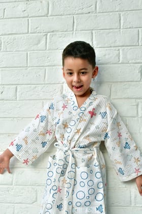 Kids HandBlock Premium Waffle Cotton Bathrobe Sea World Pattern - Small (2-4 years)