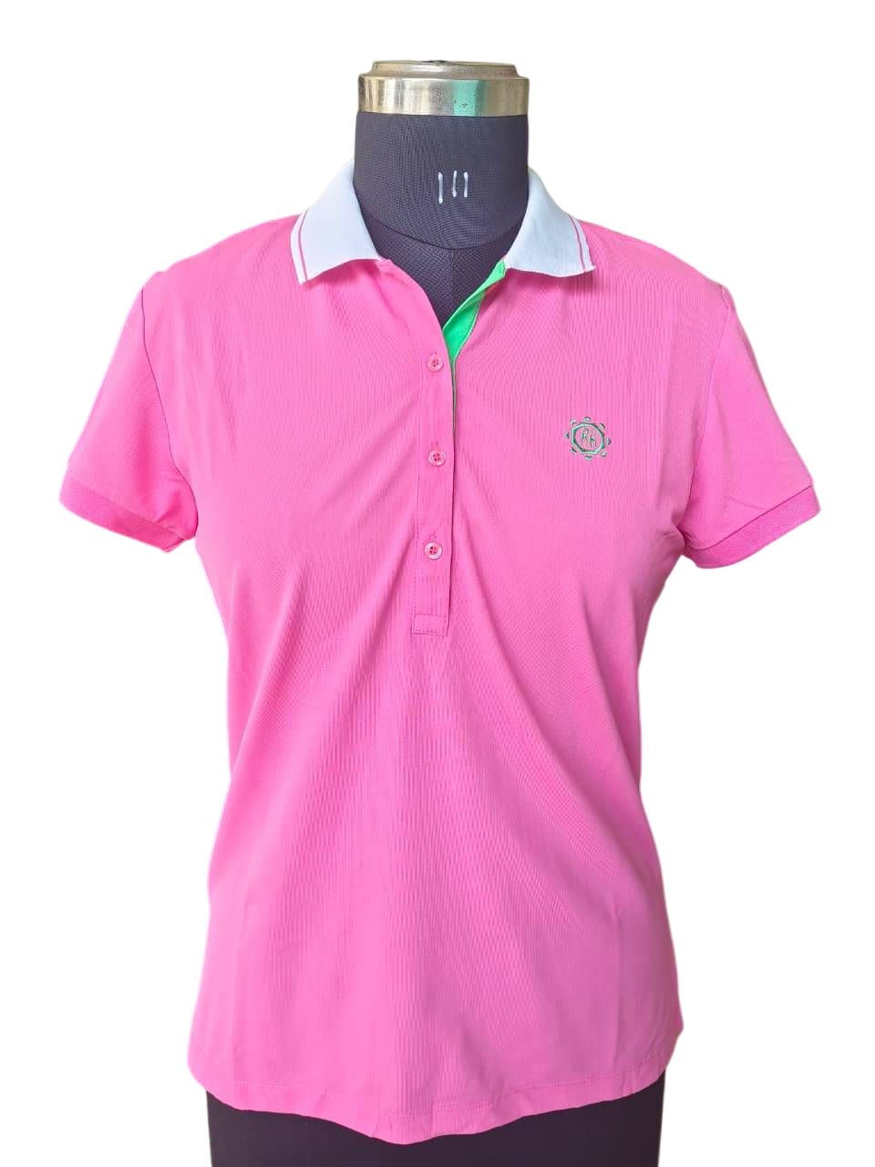 Stylish Pink Collared T-Shirt with Embroidered Logo - Cotton Button-Up Short Sleeve