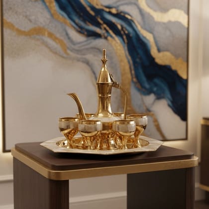 Brass Wine Set With Seep Work (6 Glass + Surahi + Tray) | Luxury Miniature Toy, Height : 0.5 Inch (ZMAS363 C)