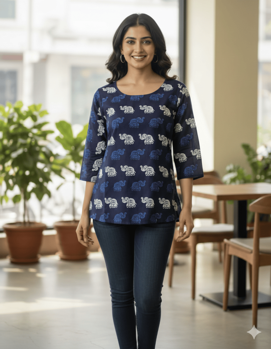 MF Women Rayon Kurti | Royal Blue Kurti with White Elephant Print | Ethnic Daily & Casual Wear