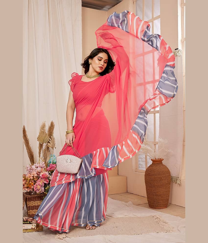 DIKONA DESIGNER Georgette Printed Saree With Unstitched Blouse Piece ( Pink )