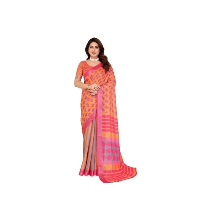 Women's Linen Cotton Printed Saree With Unstitched Blouse 5.5Mtr (Orange)-PID63911