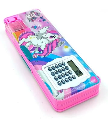 Unicorn Pencil Box 1 Pcs Calculator Geometry, calci Geo, Dual Sharpener with Calculator, Double Sided Stationary Box for Girls