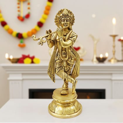 Handcrafted Brass Krishna Idol for Home, Height : 11.5 Inch (BSMAS1879 K)