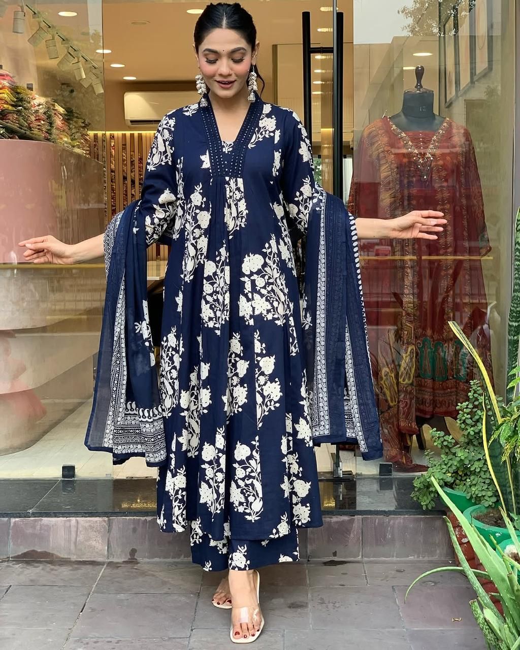 Pure Cotton Sanganeri Print Work Summer Wear Anarkali Flair Kurti Pant Dupatta Set ( Ready to Wear)-Blue / M(38)