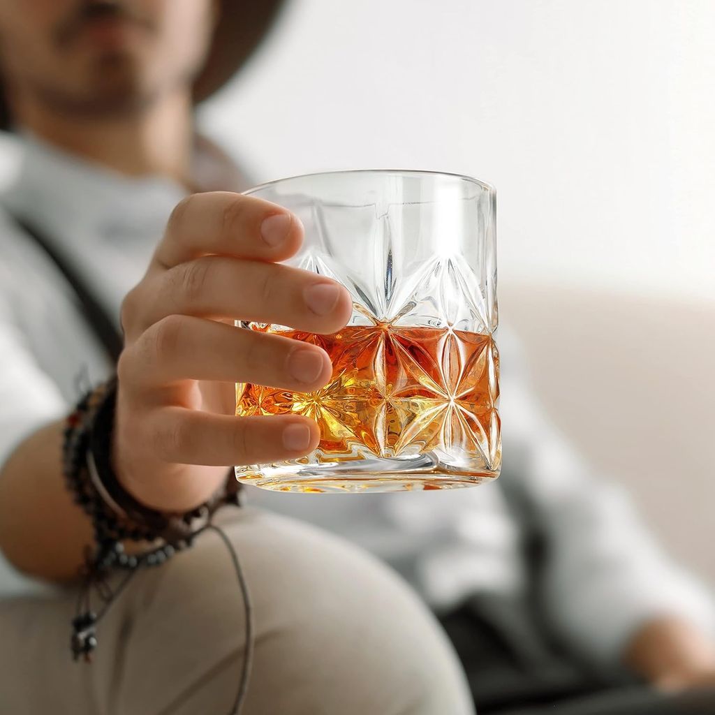Whiskey Glass | 300 ML | Transparent Old Vintage Fashioned Cocktail Tumblers | Crystal Cut Barware Drinking Glasses for Whisky, Bourbon, Liquor, Wine, Cocktail Drinks |