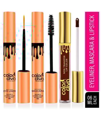Color Diva Waterproof Eyeliner, Mascara & Liquid Lipstick Makeup Kit Pack of 3 18