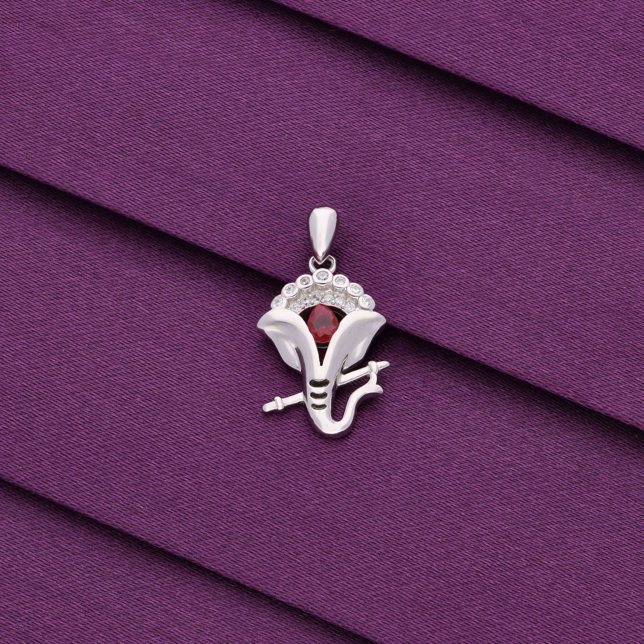 Pink Studded Lord Ganesha Silver Pendant-White & Pink Stone / Silver