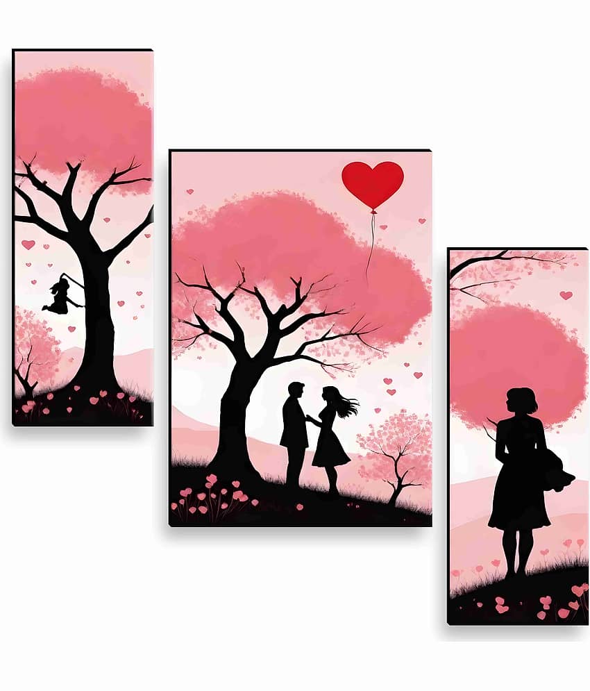 SAF Couple Love Under Pink Tree Wall Art – 3 Panel Romantic Silhouette Painting with Heart Balloons for Bedroom & Valentine Gift Décor 12 Inch x 20 Inch