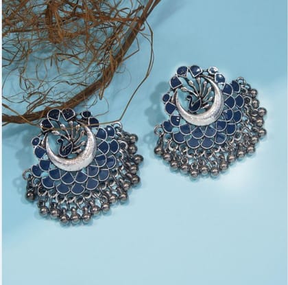 Antique Silver Plated Peacock Designed Enamel Work Studded Ethnic Earring- AER 299