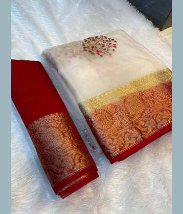 Rangtulika Ethnics Organza Woven Banarasi saree With Unstitched Blouse Piece ( Multicolor )