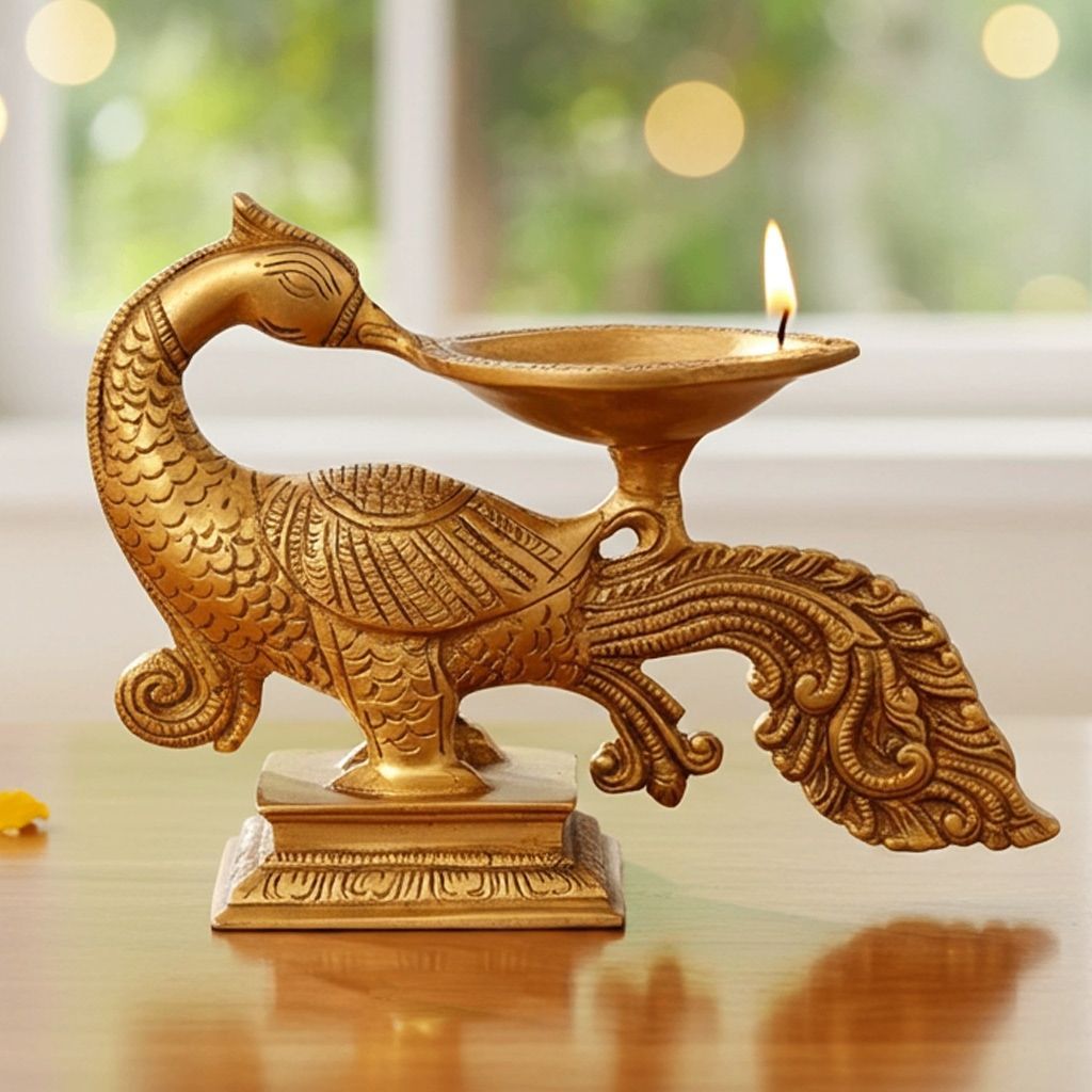 Brass Peacock Diya Jyoti Deepak Oil Lamp 1 Wick  - Elegant Deepak for Home Puja, Height : 5 Inch (BSMAS1166 A)